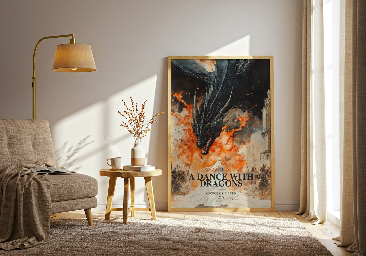 A Dance With Dragons watercolour print in frame leaning in hallway – fantasy wall art