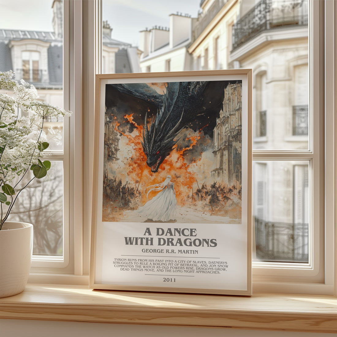 A Dance With Dragons Bookish Wall Art by George R.R. Martin – framed print by a bright window