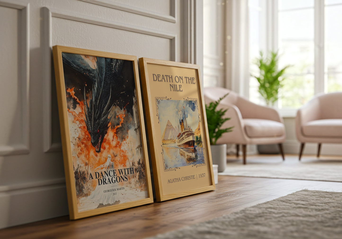 A Dance With Dragons watercolour print framed by window – literary home decor