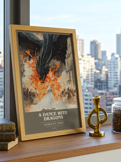 A Dance With Dragons Book Cover Poster by George R.R. Martin – framed print on a city-view windowsill