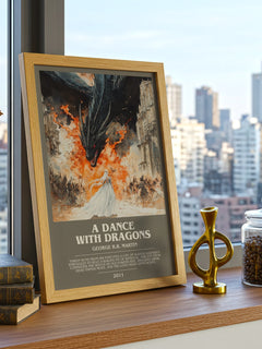 A Dance With Dragons Bookish Wall Art by George R.R. Martin – framed print on a city-view windowsill