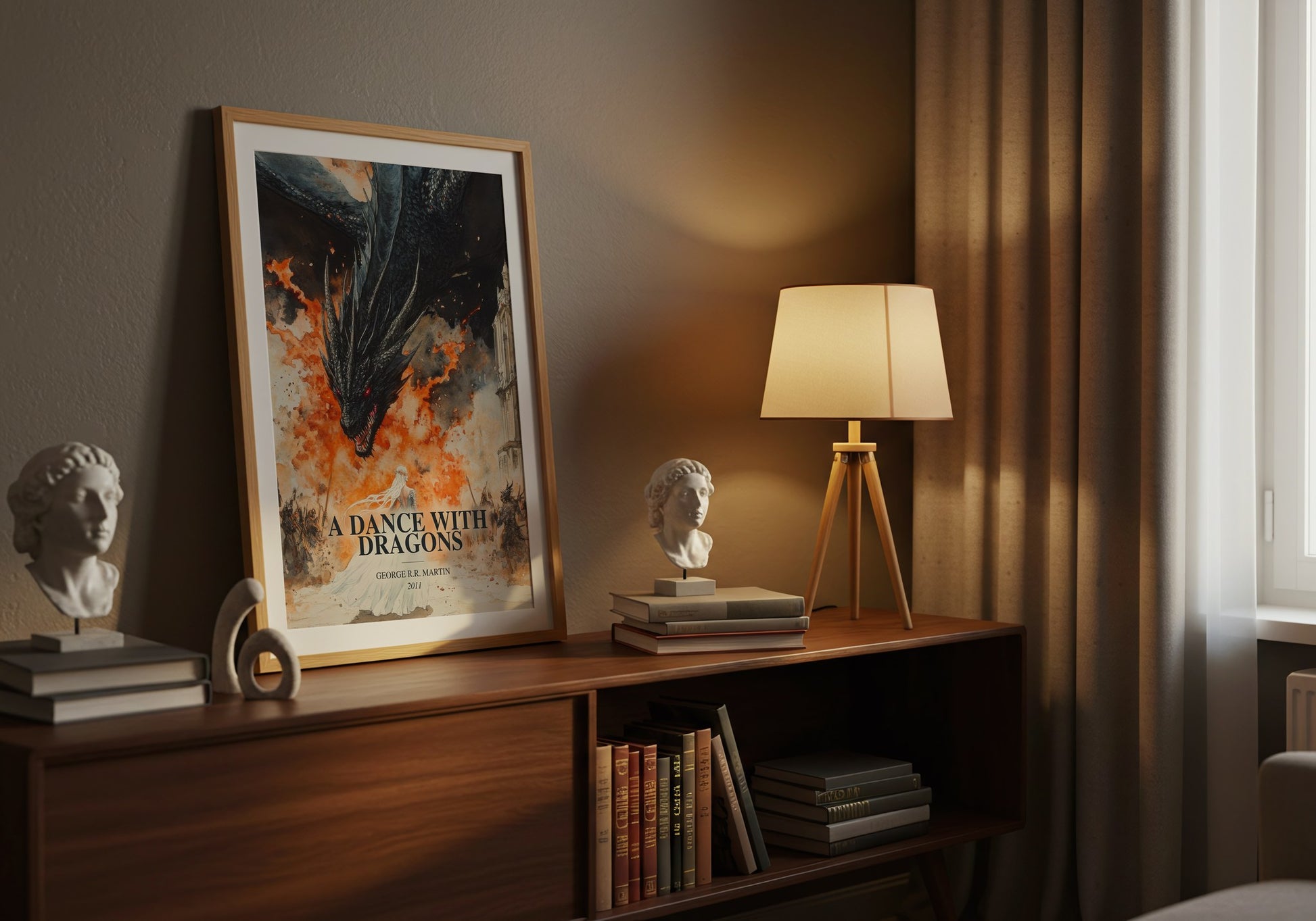A Dance With Dragons watercolour print on bookshelf – George R.R. Martin fan gift