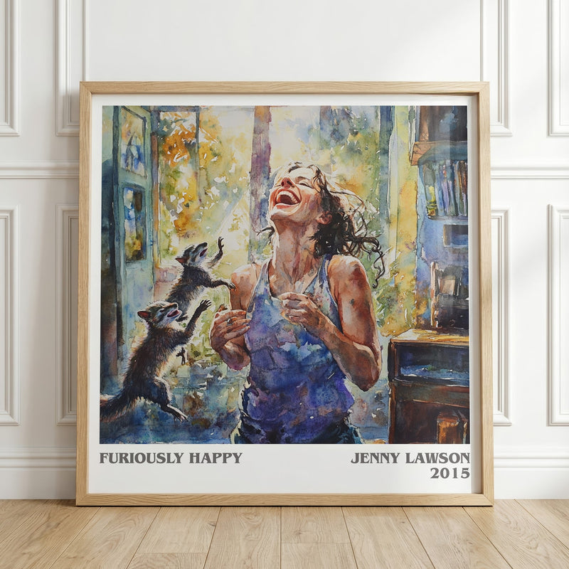 Furiously Happy literary print in frame leaning in hallway – memoir wall art