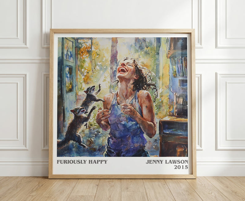 Furiously Happy literary print in frame leaning in hallway – memoir wall art