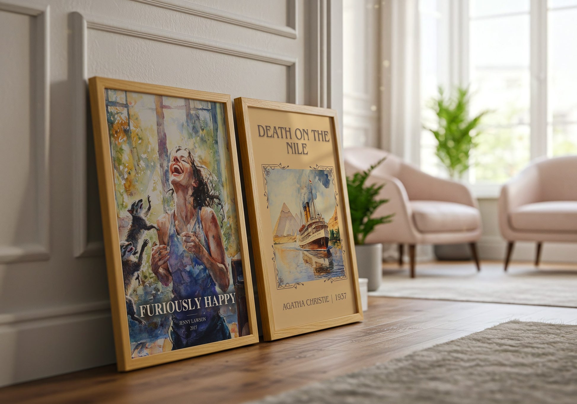 Furiously Happy watercolour print framed by window – literary home decor
