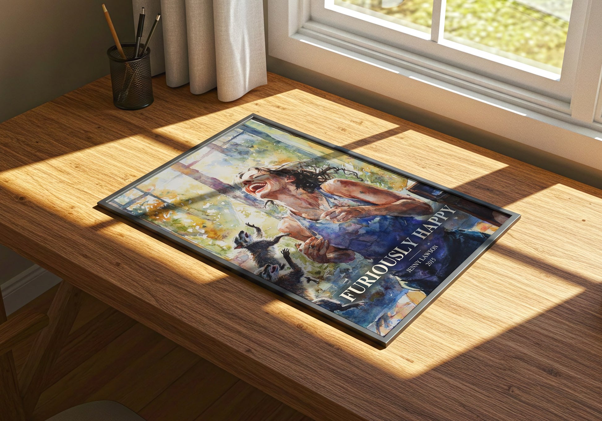 Furiously Happy watercolour book poster framed on wall – memoir wall art