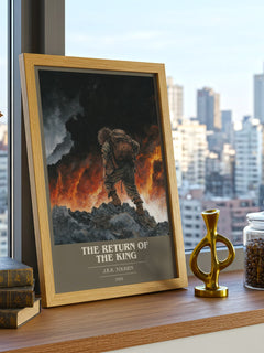 The Return Of The King Book Cover Poster by J.R.R. Tolkien – framed print on a city-view windowsill