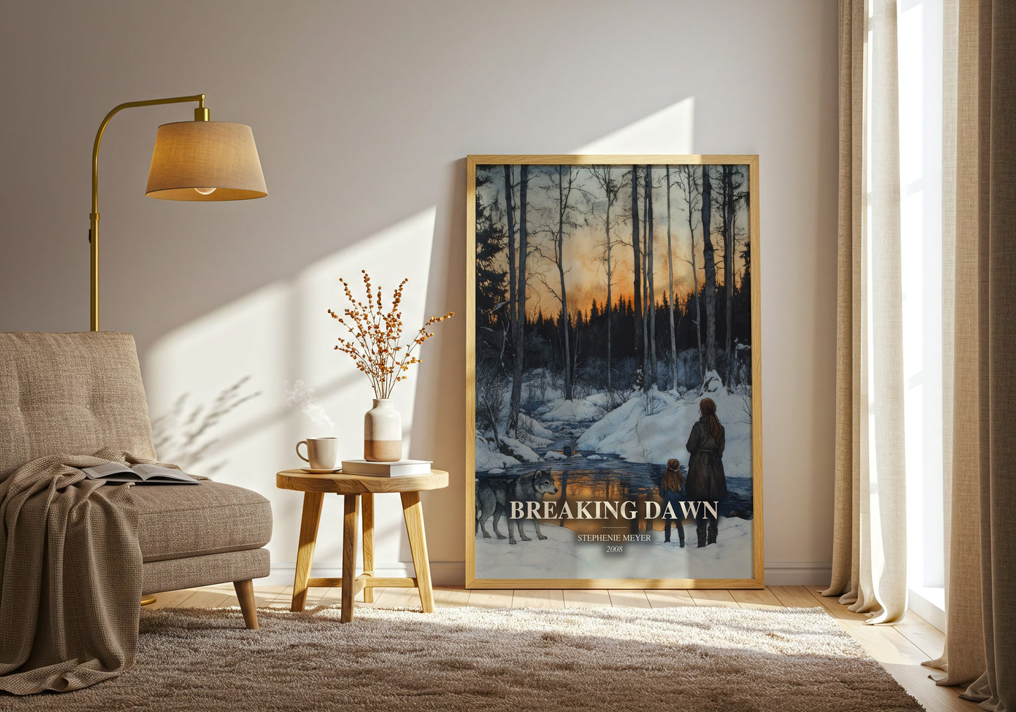 Breaking Dawn watercolour print in frame leaning in hallway – young adult wall art