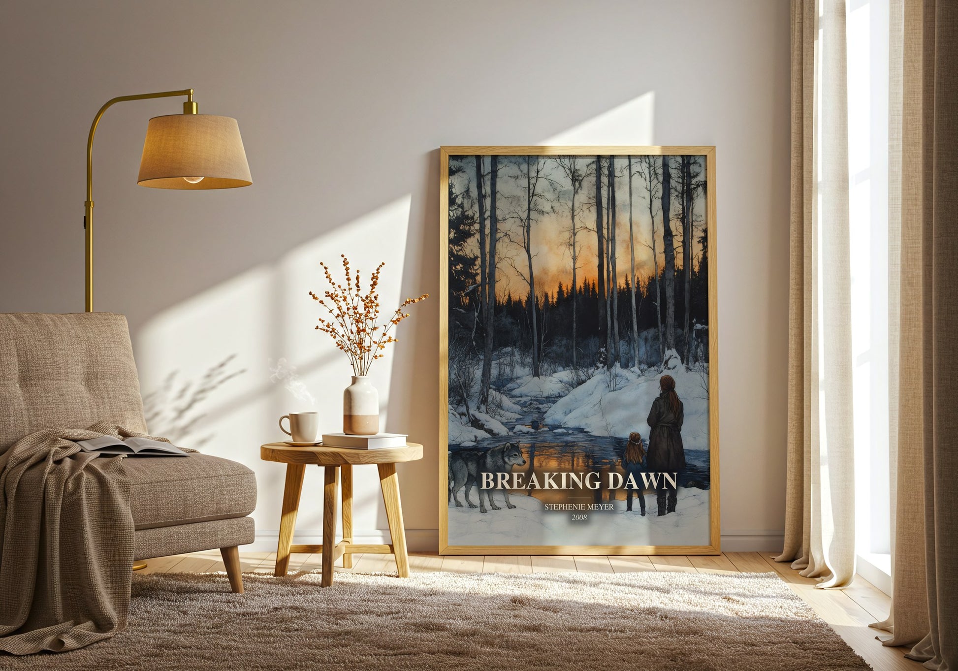 Breaking Dawn watercolour print in frame leaning in hallway – young adult wall art