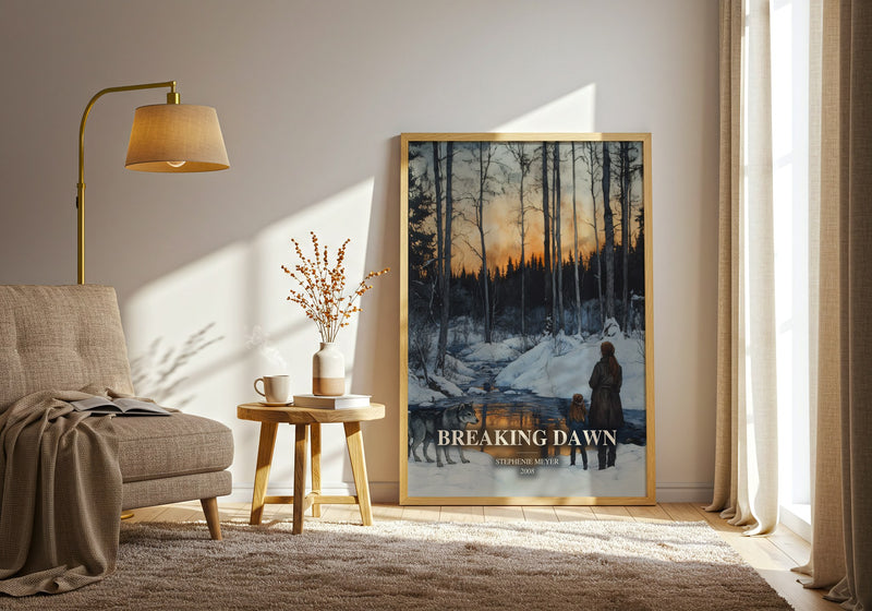 Breaking Dawn watercolour print in frame leaning in hallway – young adult wall art