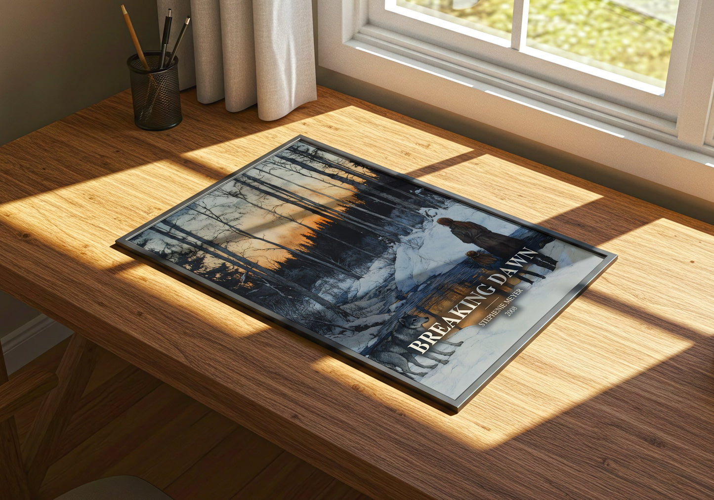 Breaking Dawn watercolour book poster framed on wall – young adult wall art