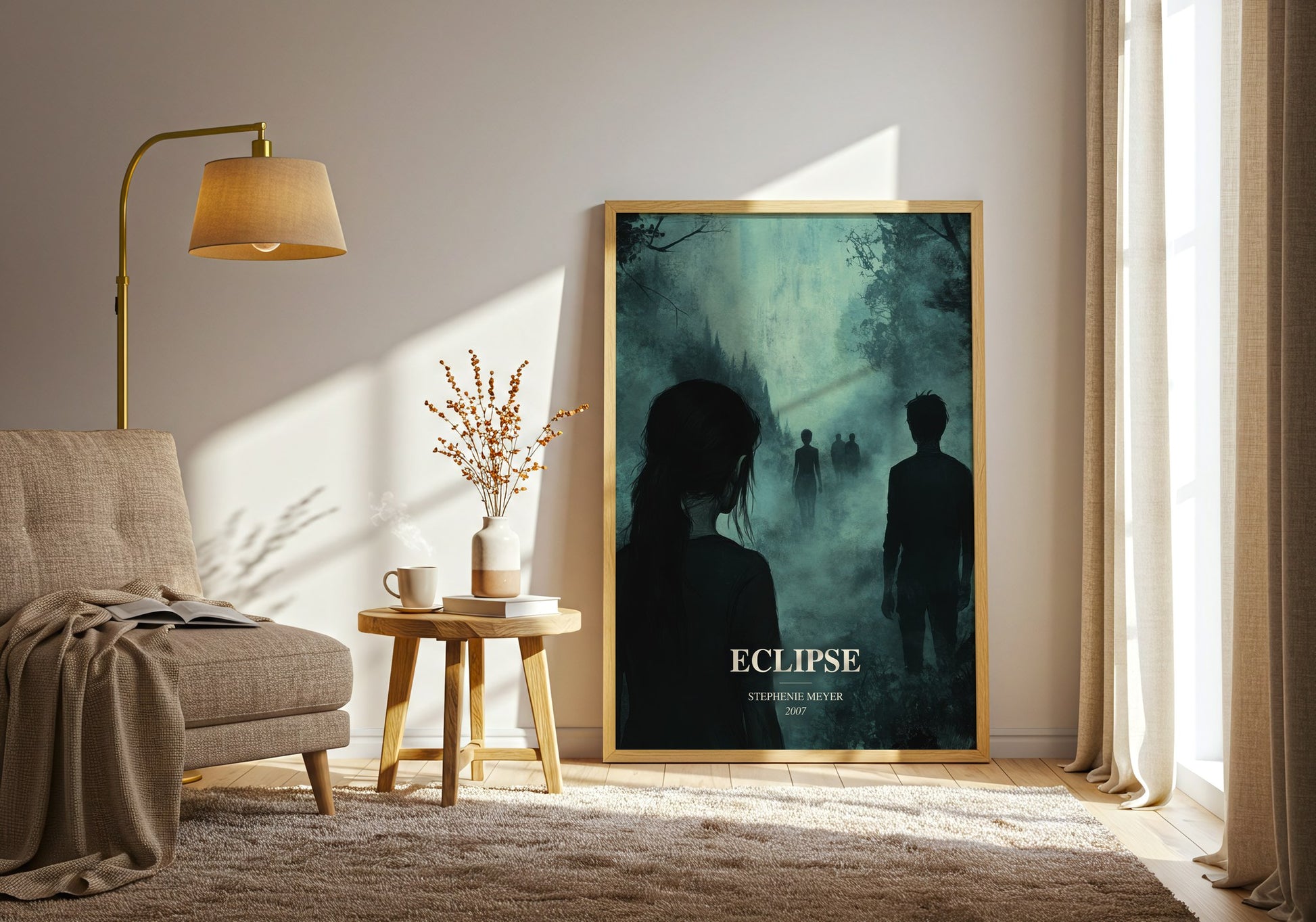 Eclipse watercolour print in frame leaning in hallway – young adult wall art