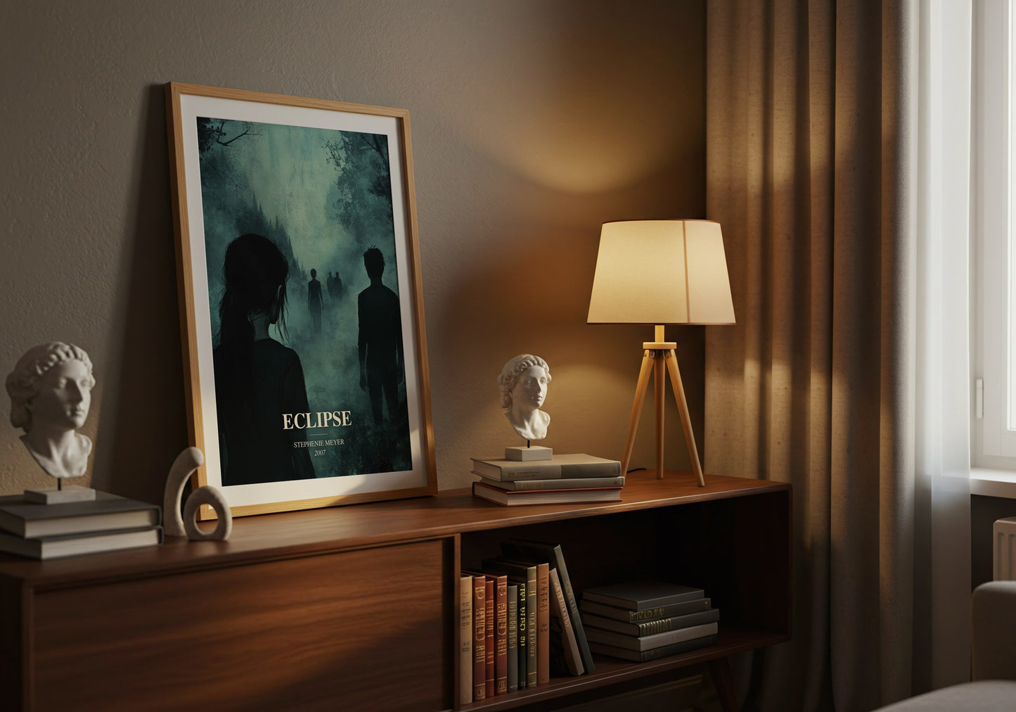 Eclipse watercolour print on bookshelf – Stephenie Meyer fan gift