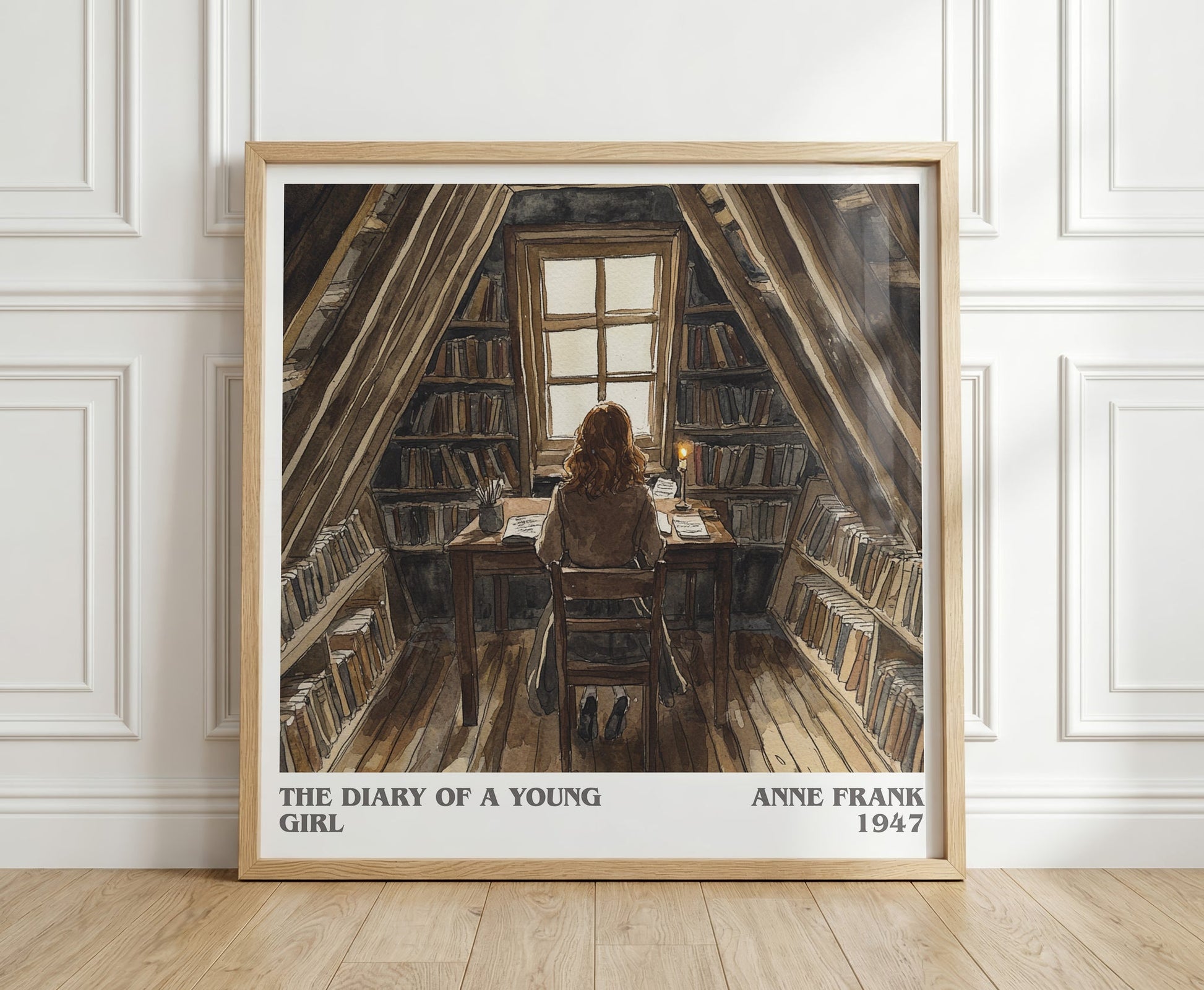 The Diary Of A Young Girl literary print in frame leaning in hallway – memoir wall art