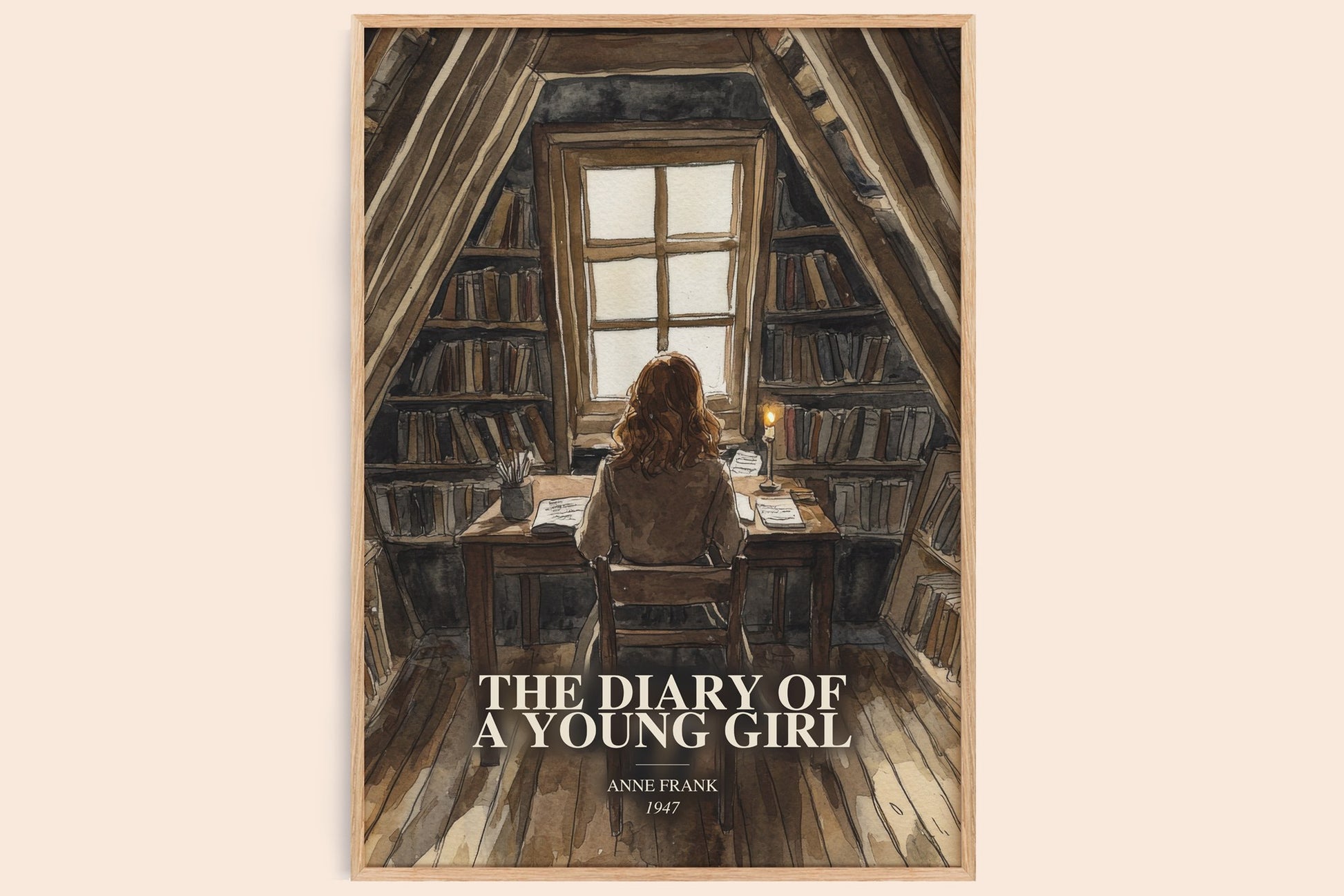 The Diary Of A Young Girl watercolour book poster by Anne Frank – framed literary art print