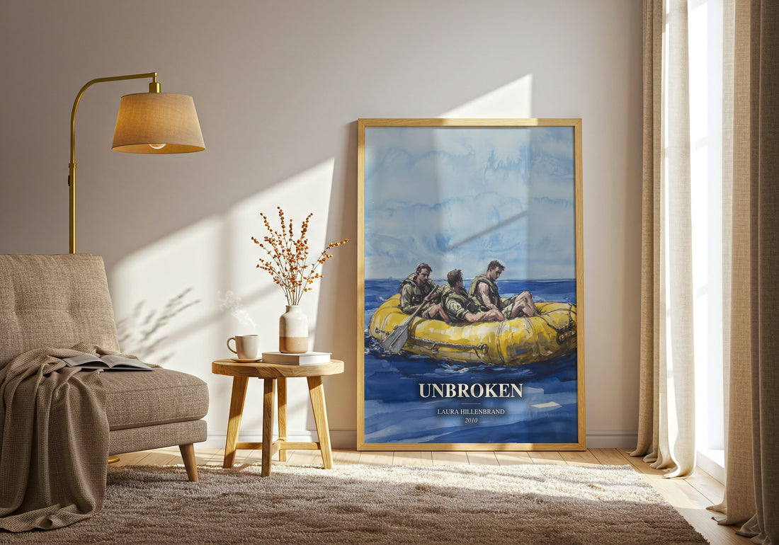 Unbroken watercolour print in frame leaning in hallway – non fiction wall art (mockup)