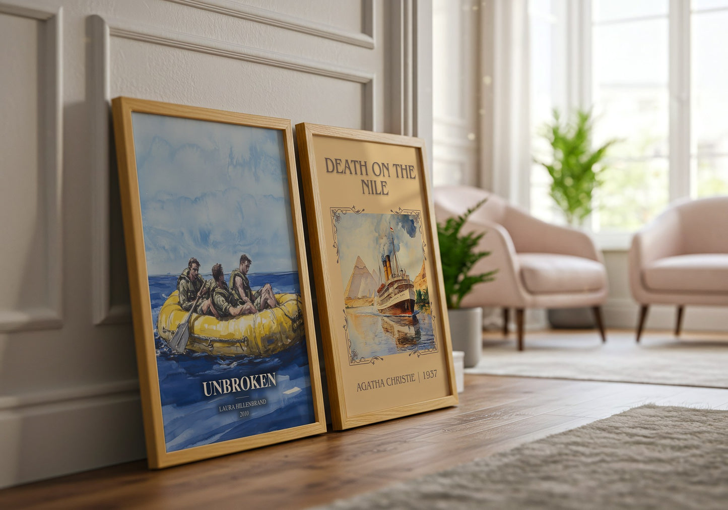Unbroken watercolour print framed by window – literary home decor