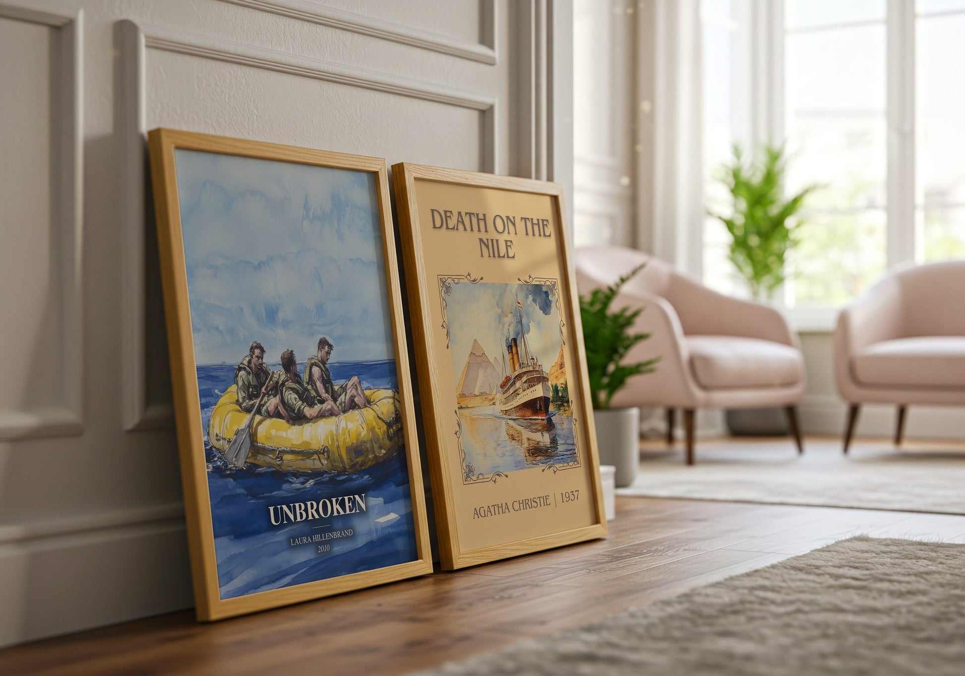 Unbroken watercolour print framed by window – literary home decor