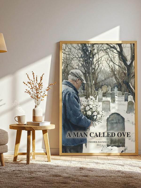 A Man Called Ove watercolour print in frame leaning in hallway – contemporary fiction wall art