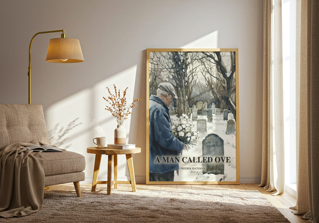 A Man Called Ove watercolour print in frame leaning in hallway – contemporary fiction wall art (mockup)
