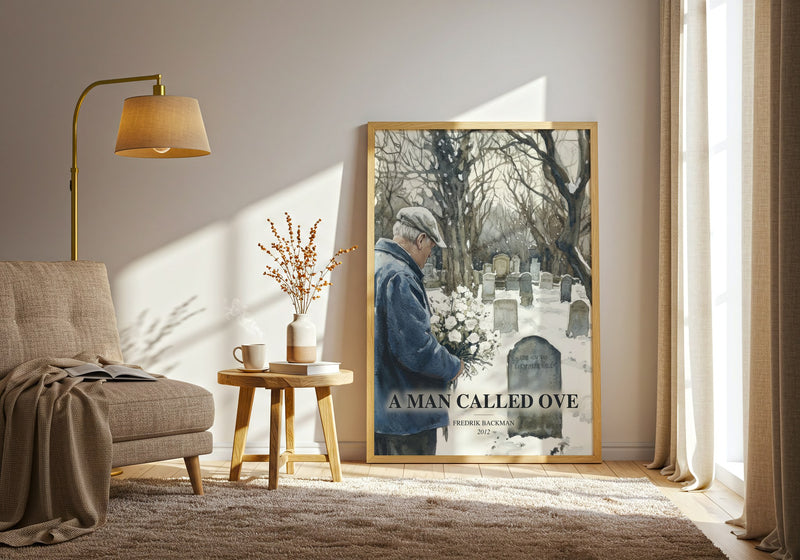 A Man Called Ove watercolour print in frame leaning in hallway – contemporary fiction wall art
