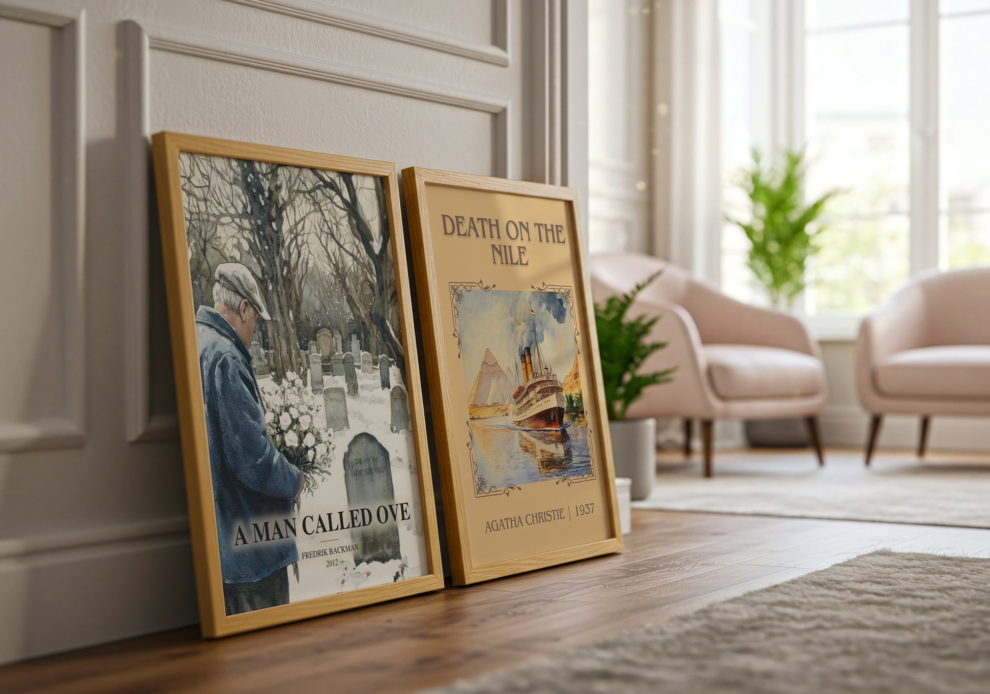 A Man Called Ove watercolour print framed by window – literary home decor