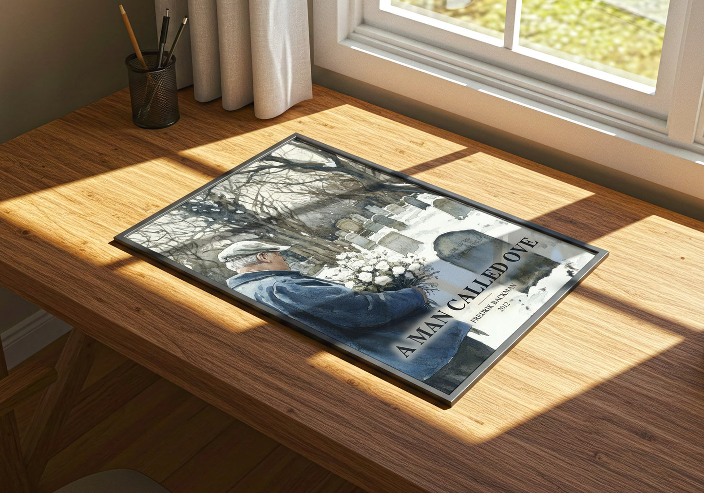 A Man Called Ove watercolour book poster framed on wall – contemporary fiction wall art