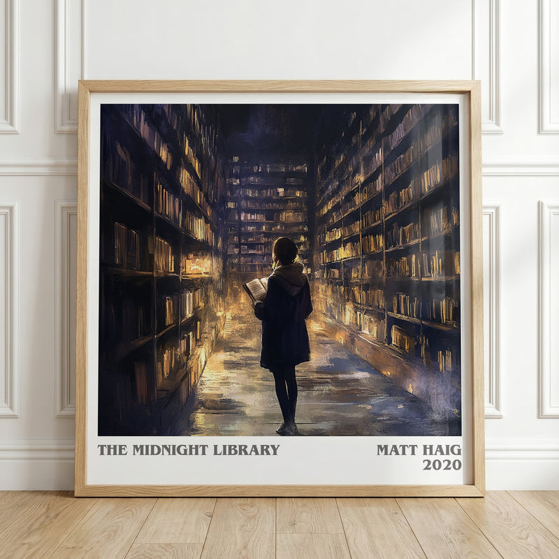 The Midnight Library literary print in frame leaning in hallway – contemporary fiction wall art