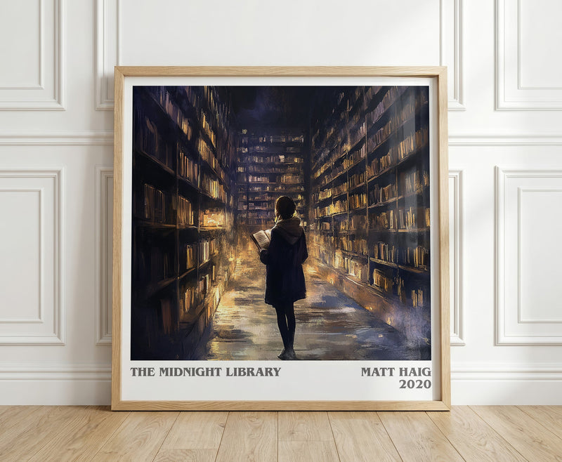 The Midnight Library literary print in frame leaning in hallway – contemporary fiction wall art