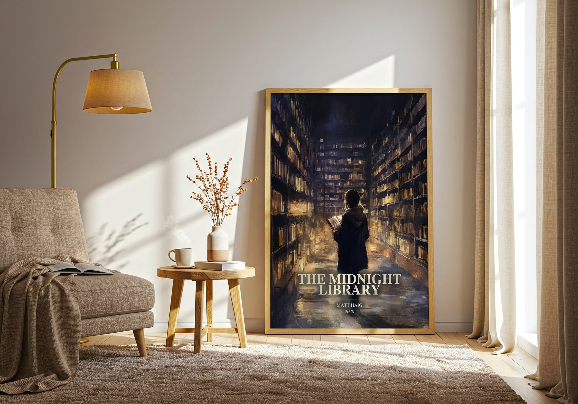 The Midnight Library watercolour print in frame leaning in hallway – contemporary fiction wall art