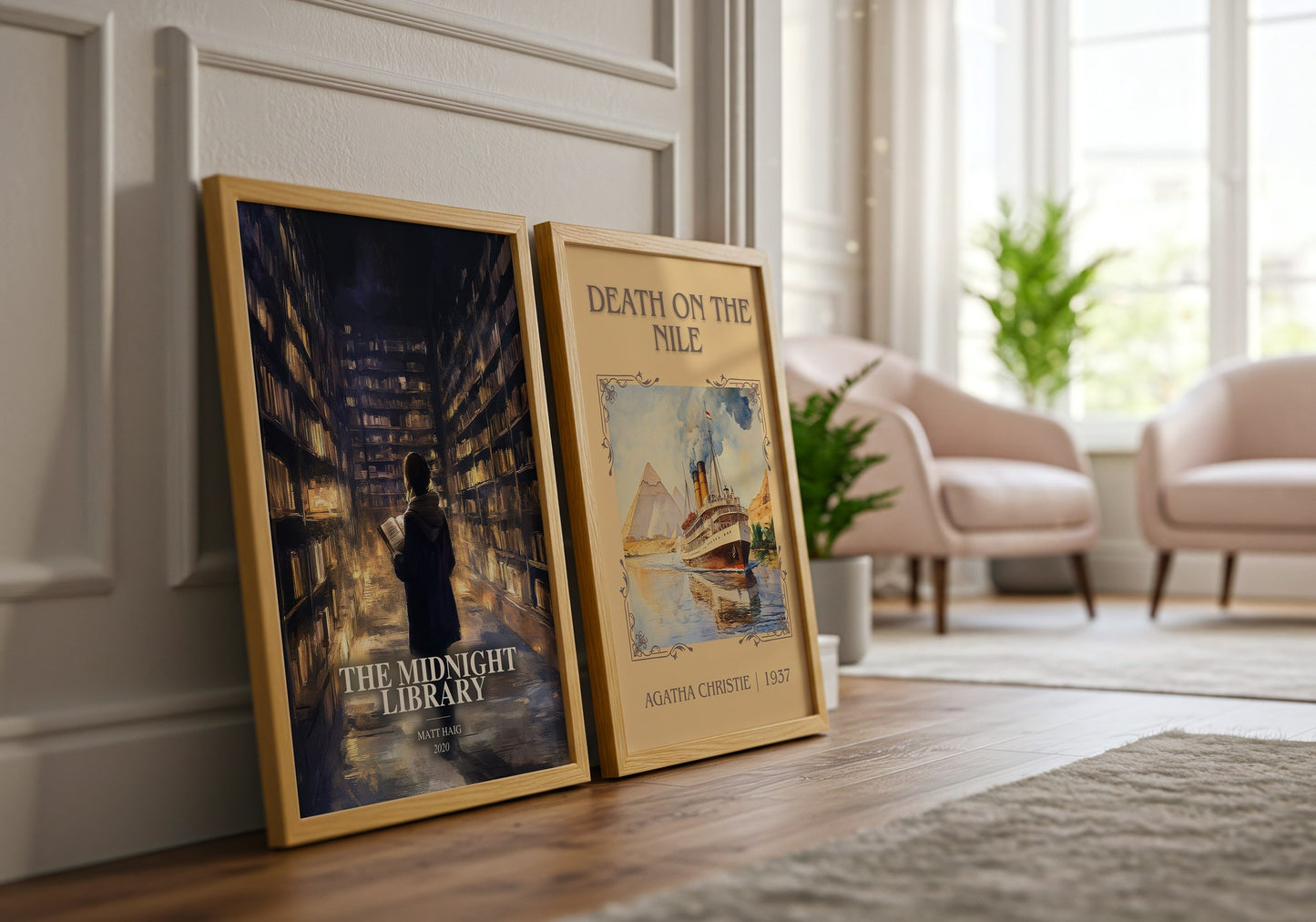 The Midnight Library watercolour print framed by window – literary home decor