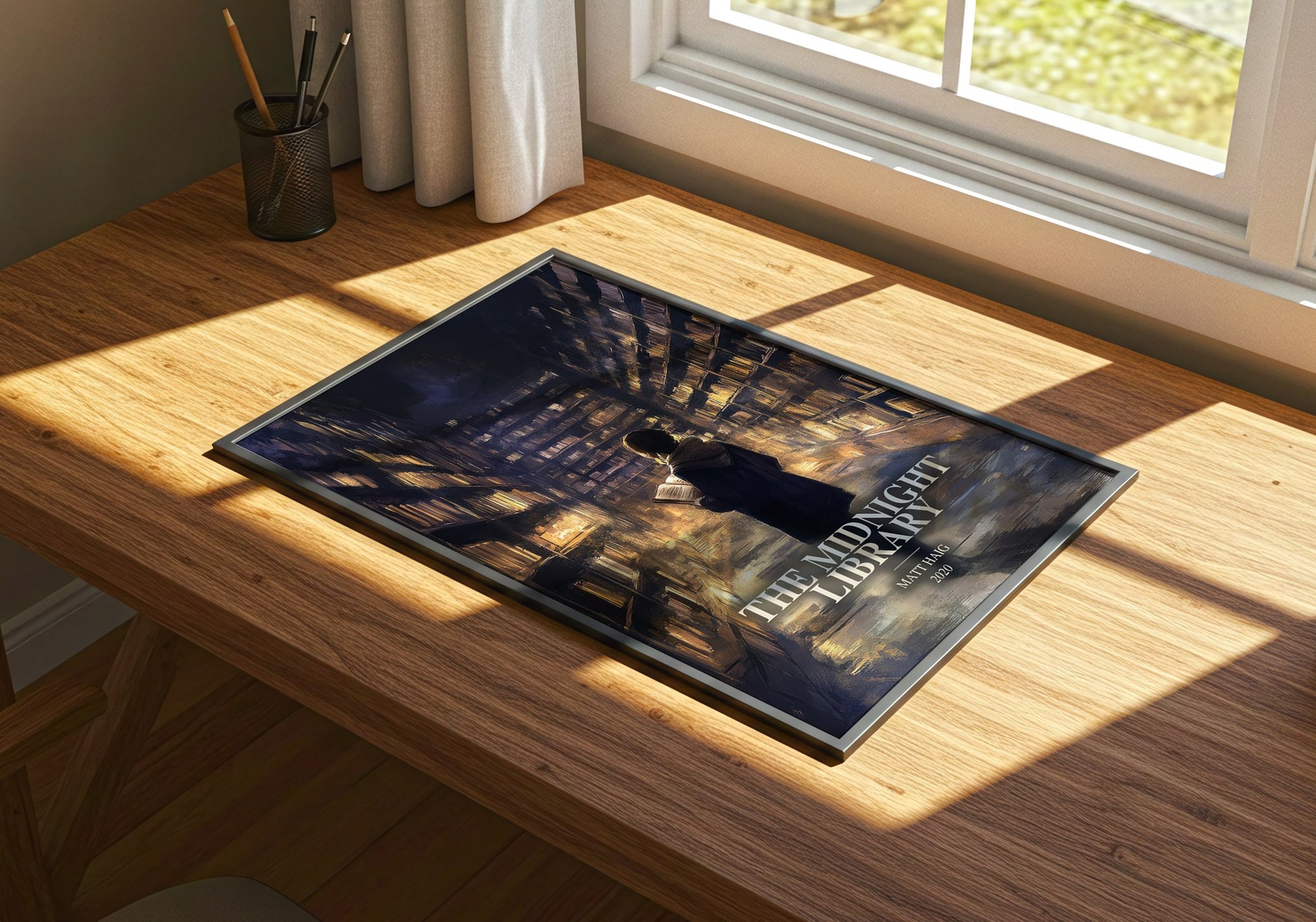 The Midnight Library watercolour book poster framed on wall – contemporary fiction wall art