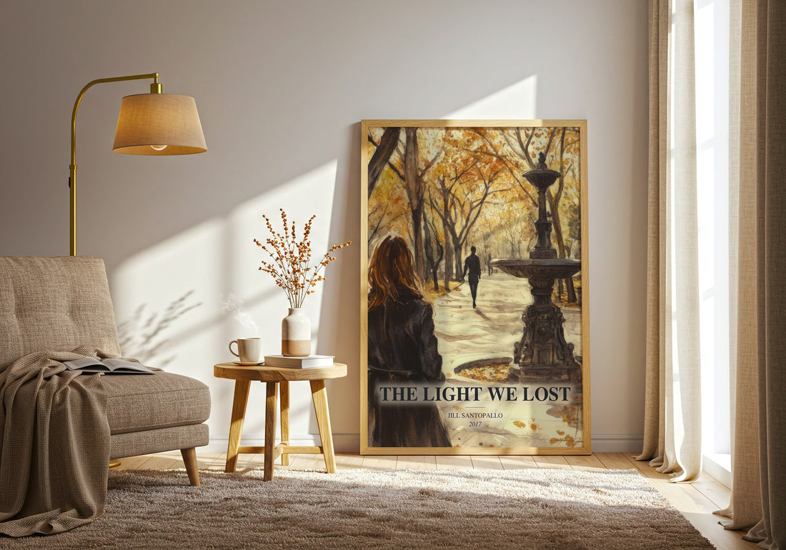 The Light We Lost watercolour print in frame leaning in hallway – contemporary fiction wall art (mockup)