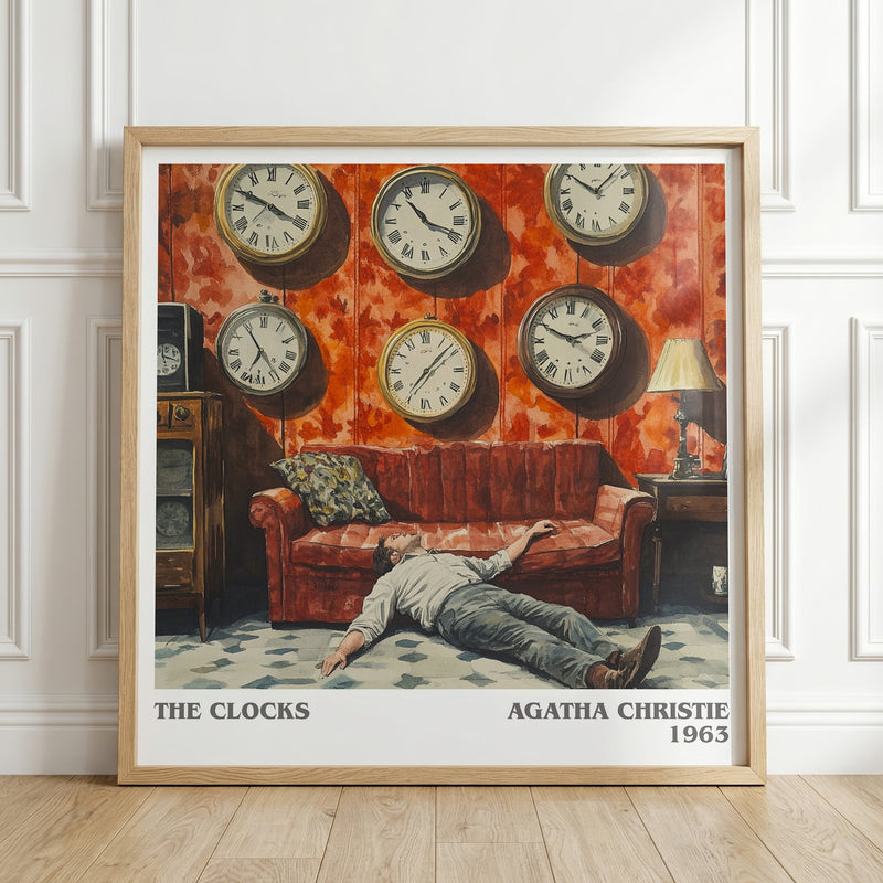 The Clocks literary print in frame leaning in hallway – mystery wall art