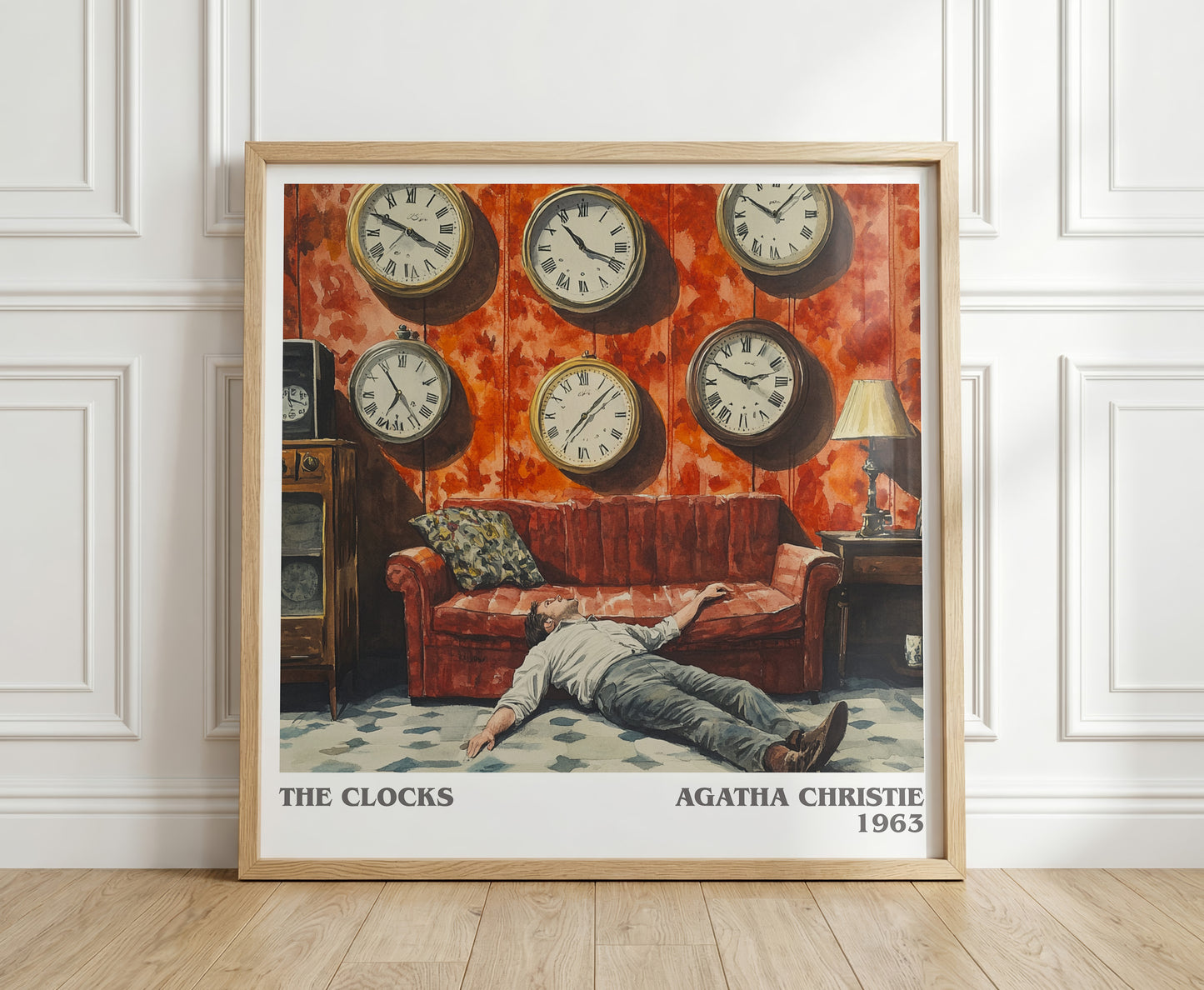 The Clocks literary print in frame leaning in hallway – mystery wall art