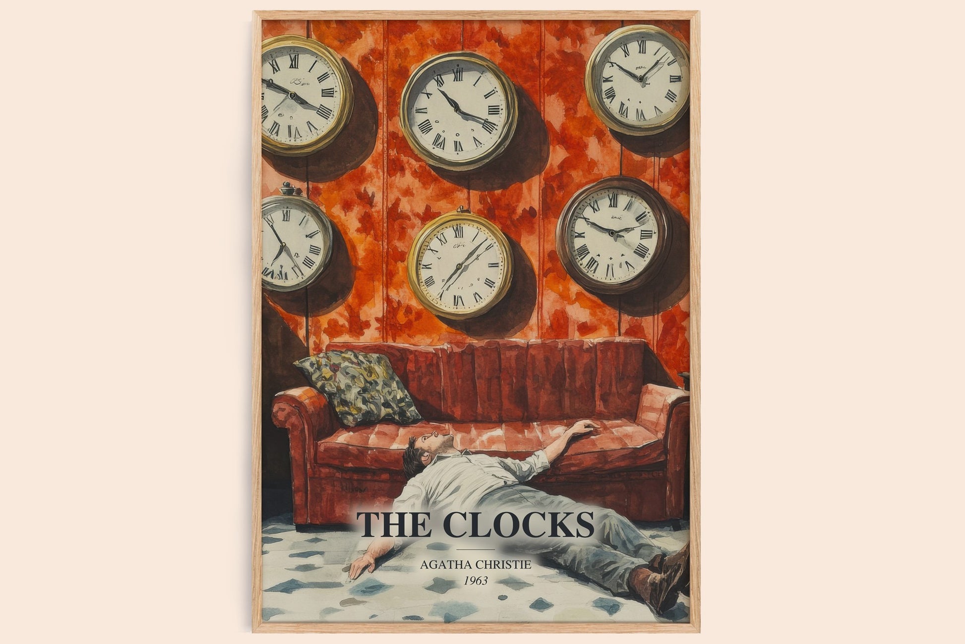 The Clocks watercolour book poster by Agatha Christie – framed literary art print