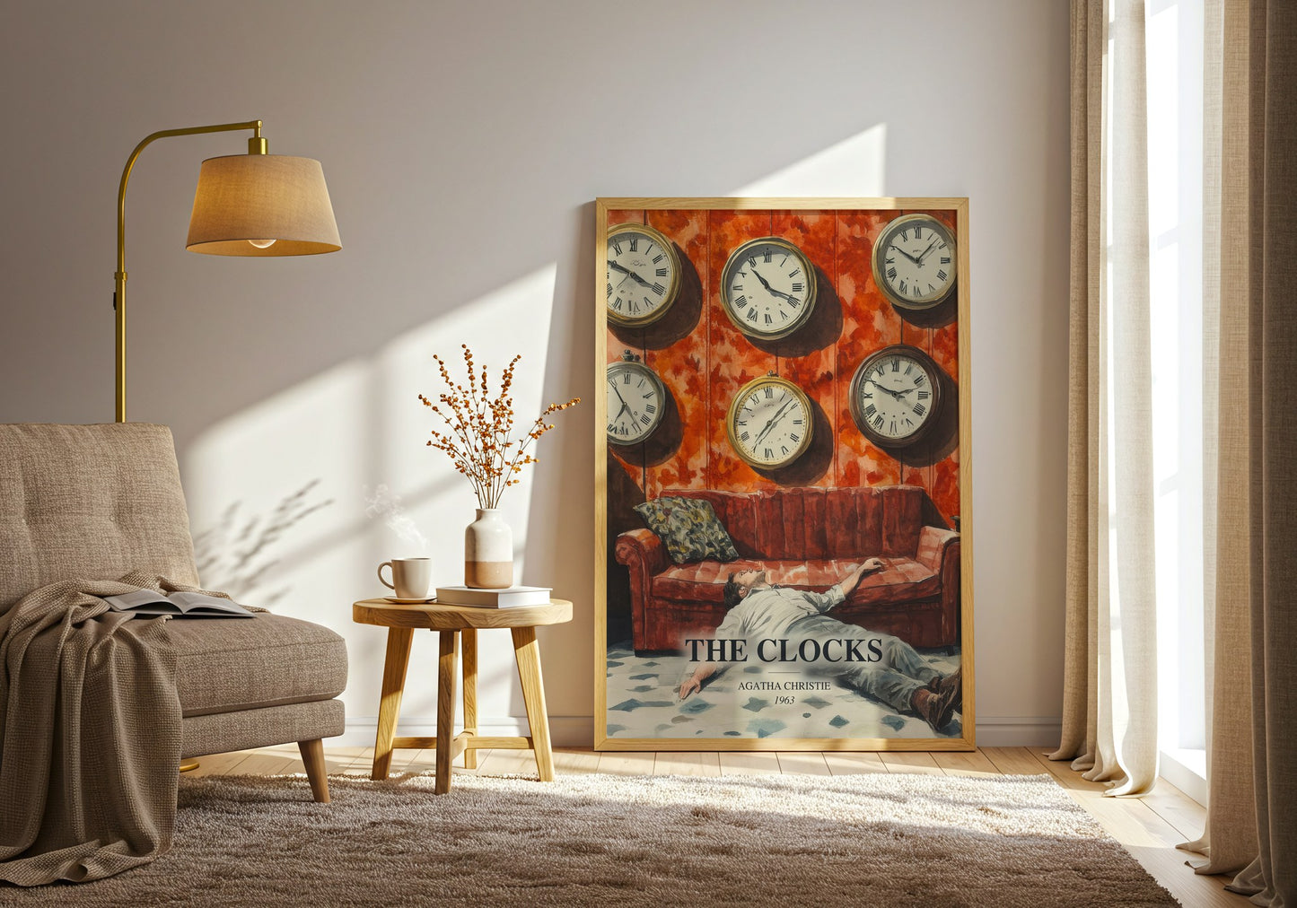 The Clocks watercolour print in frame leaning in hallway – mystery wall art