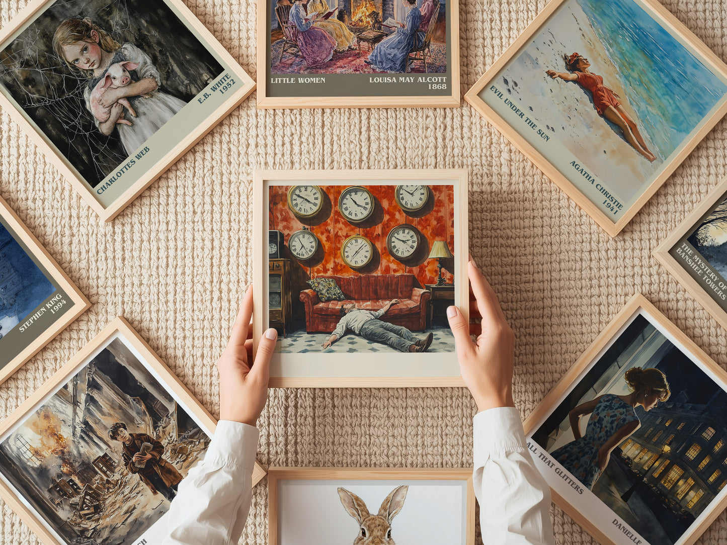 The Clocks literary print on bookshelf – Agatha Christie fan gift