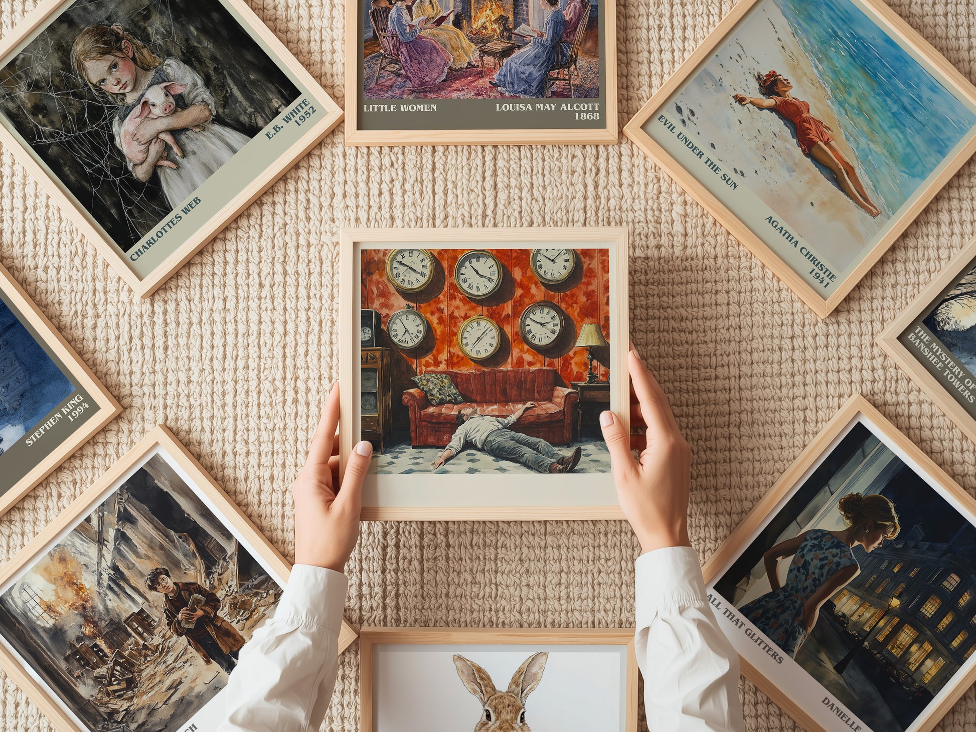The Clocks literary print on bookshelf – Agatha Christie fan gift