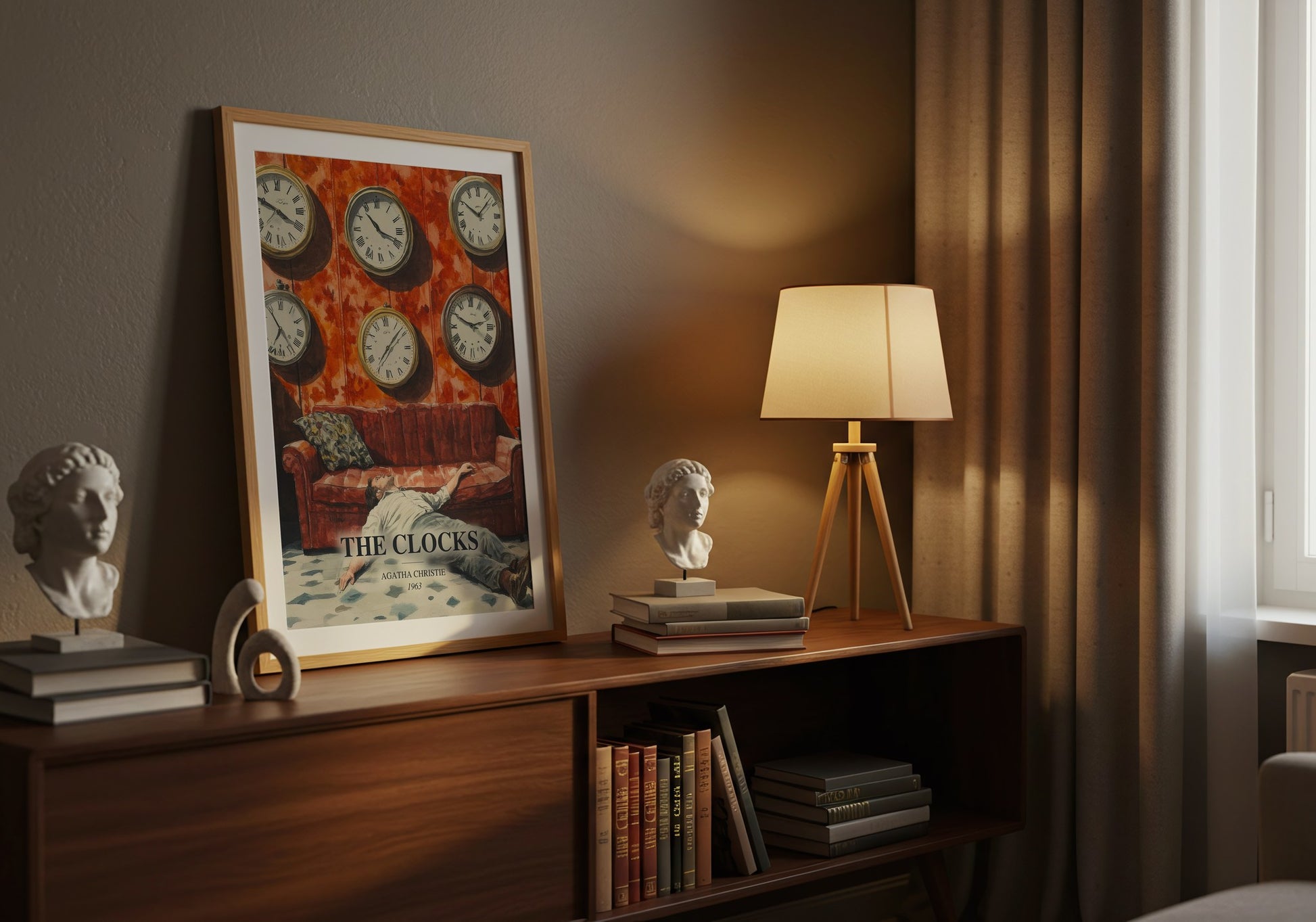 The Clocks watercolour print on bookshelf – Agatha Christie fan gift