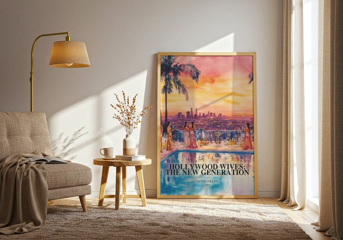 Hollywood Wives: The New Generation watercolour print in frame leaning in hallway – contemporary fiction wall art (mockup)