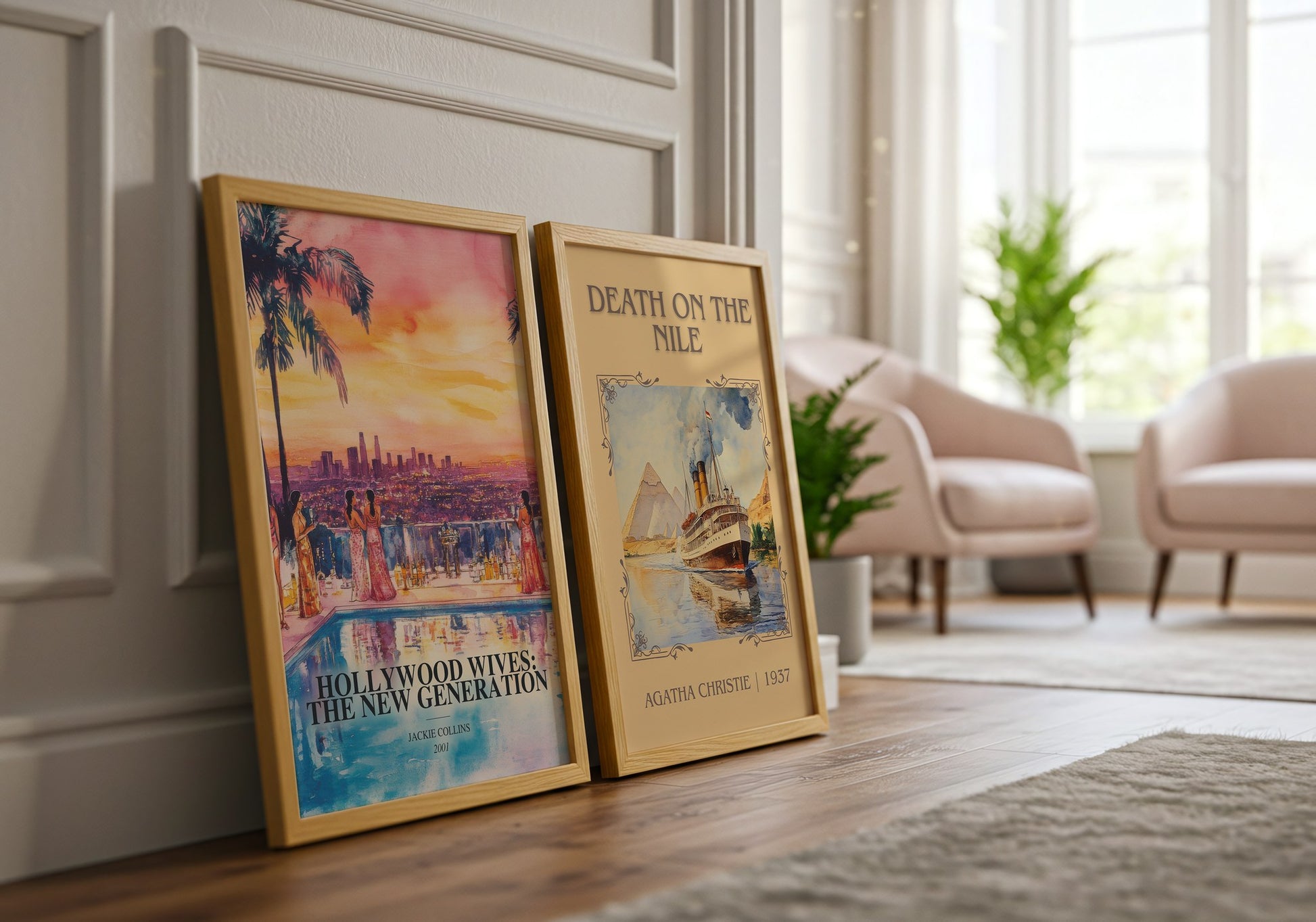 Hollywood Wives: The New Generation watercolour print framed by window – literary home decor