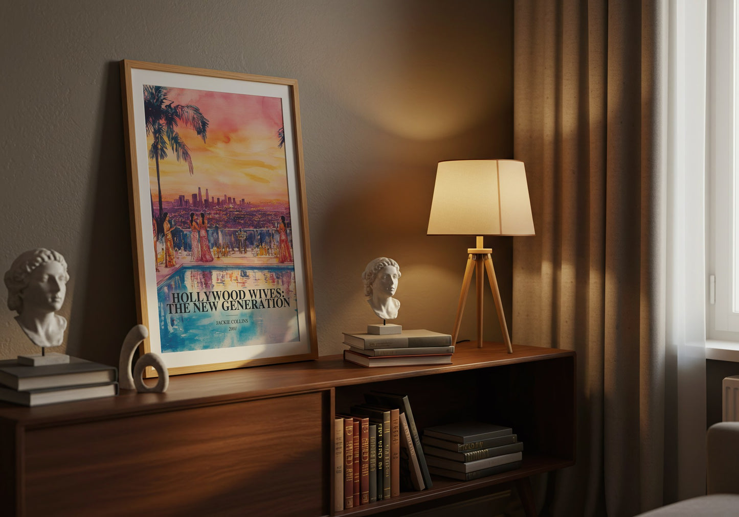 Hollywood Wives: The New Generation watercolour print on bookshelf – Jackie Collins fan gift