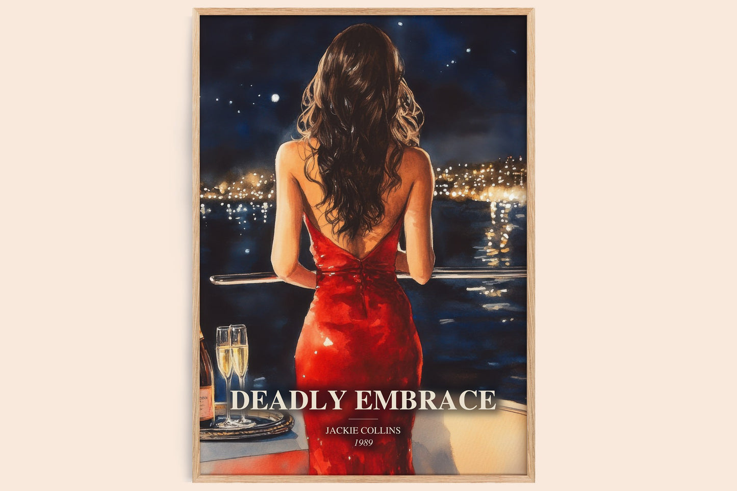 Deadly Embrace watercolour book poster by Jackie Collins – framed literary art print