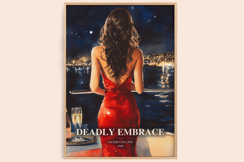 Deadly Embrace watercolour book poster by Jackie Collins – framed literary art print