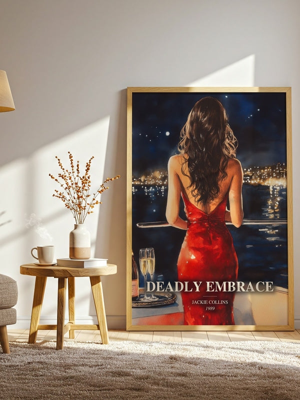 Deadly Embrace watercolour print in frame leaning in hallway – thriller wall art