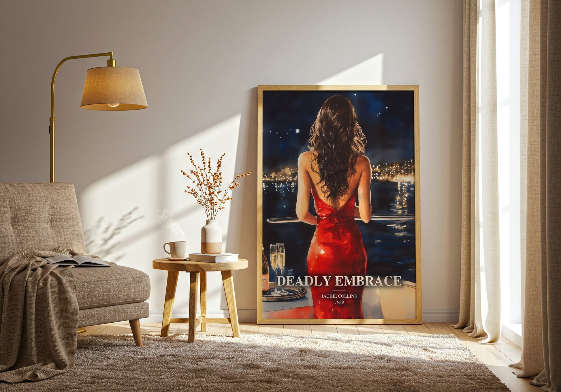 Deadly Embrace watercolour print in frame leaning in hallway – thriller wall art