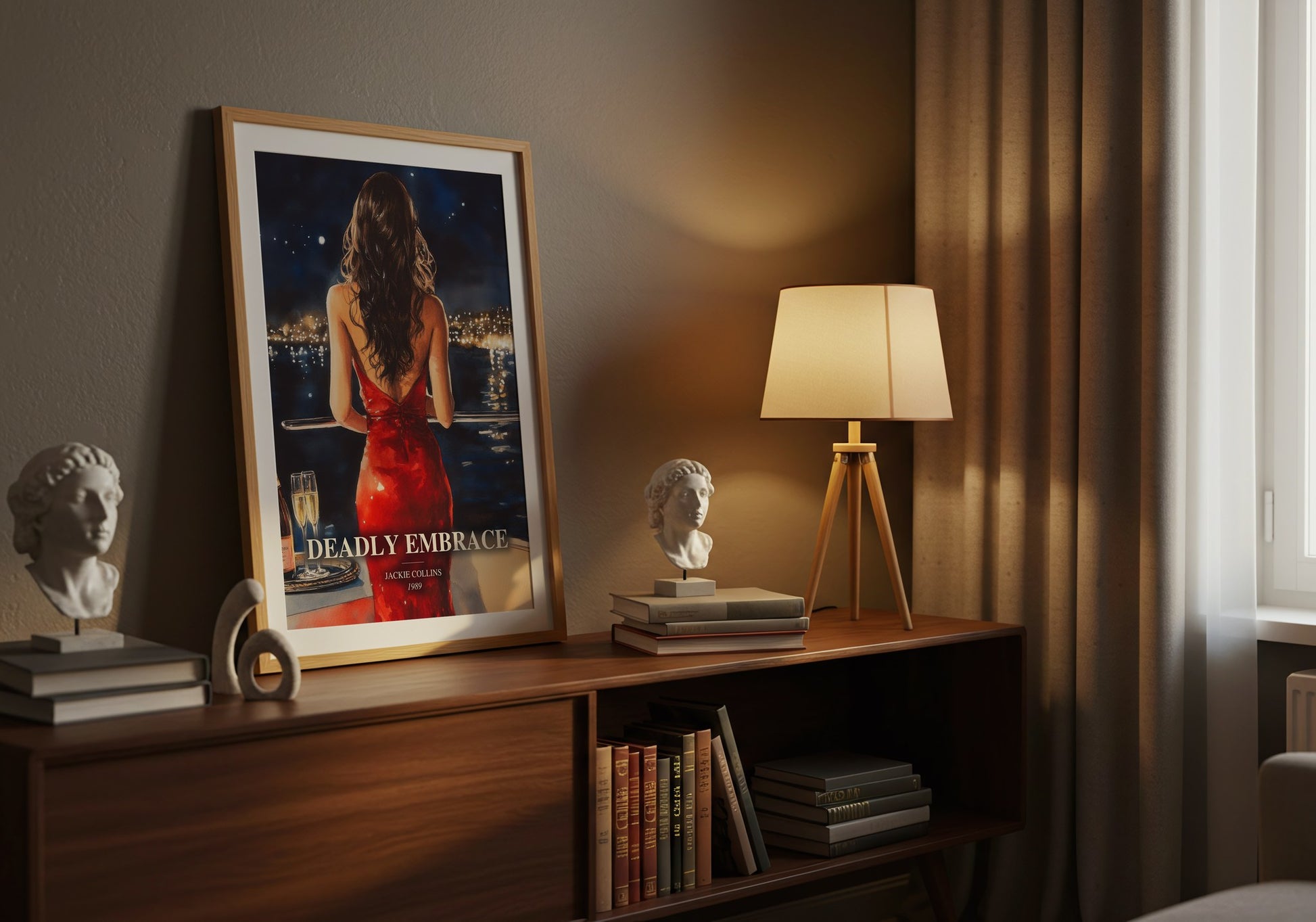 Deadly Embrace watercolour print on bookshelf – Jackie Collins fan gift