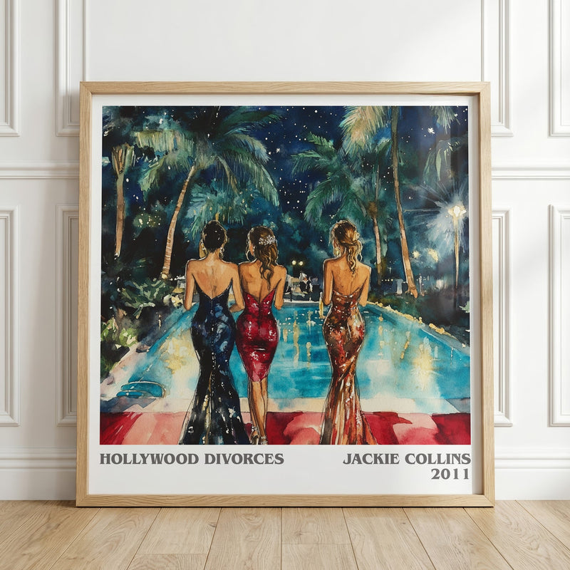 Hollywood Divorces literary print in frame leaning in hallway – romance wall art