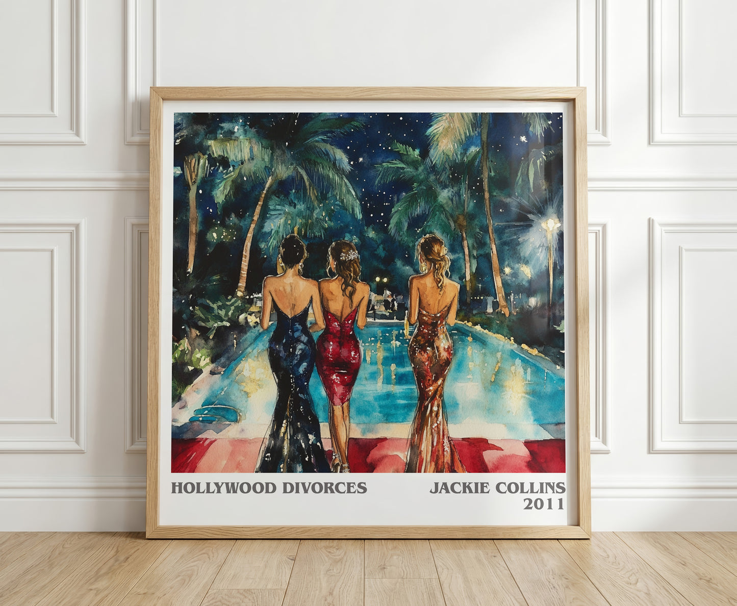 Hollywood Divorces literary print in frame leaning in hallway – romance wall art